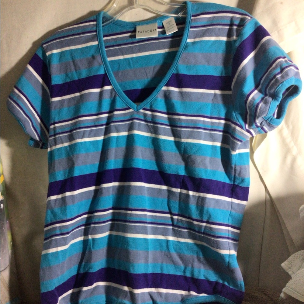 Paradox Teal, Navy & White Striped V-Neck Tee